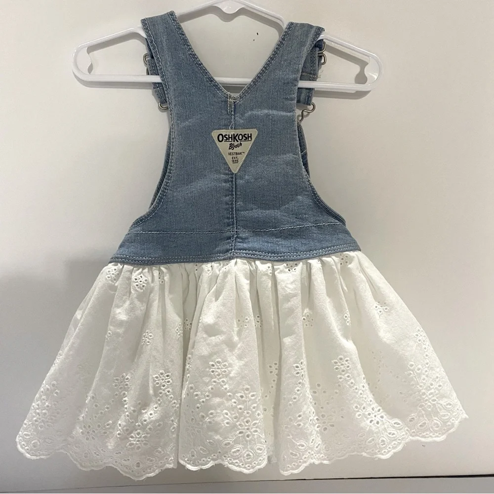 Oshkosh B'gosh Baby Girl 18M Denim Overall Jumper Dress White Eyelet Lace Skirt